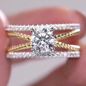 NEW Two Tone  Round Diamond Silver Cross Ring